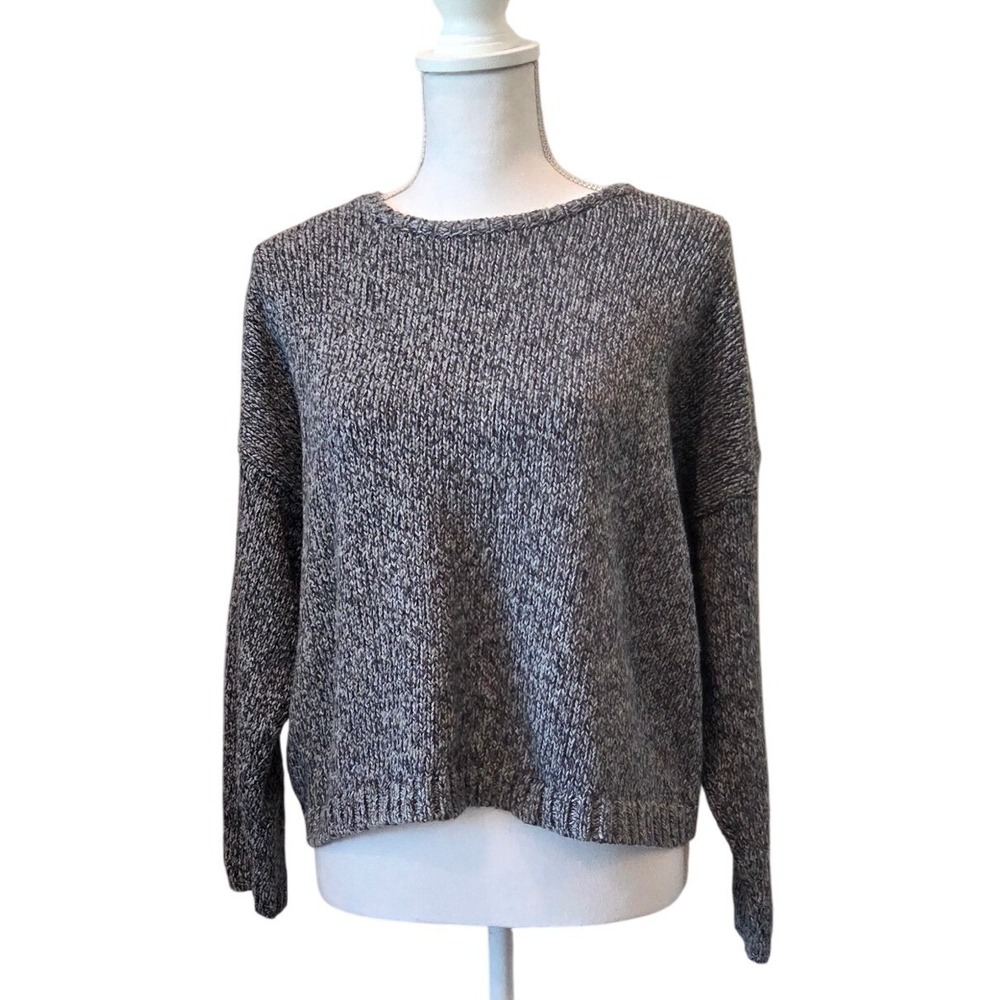 Eileen Fisher Marled Knit Sweater Boxy Relaxed Fit Grey White Italian Yarn L